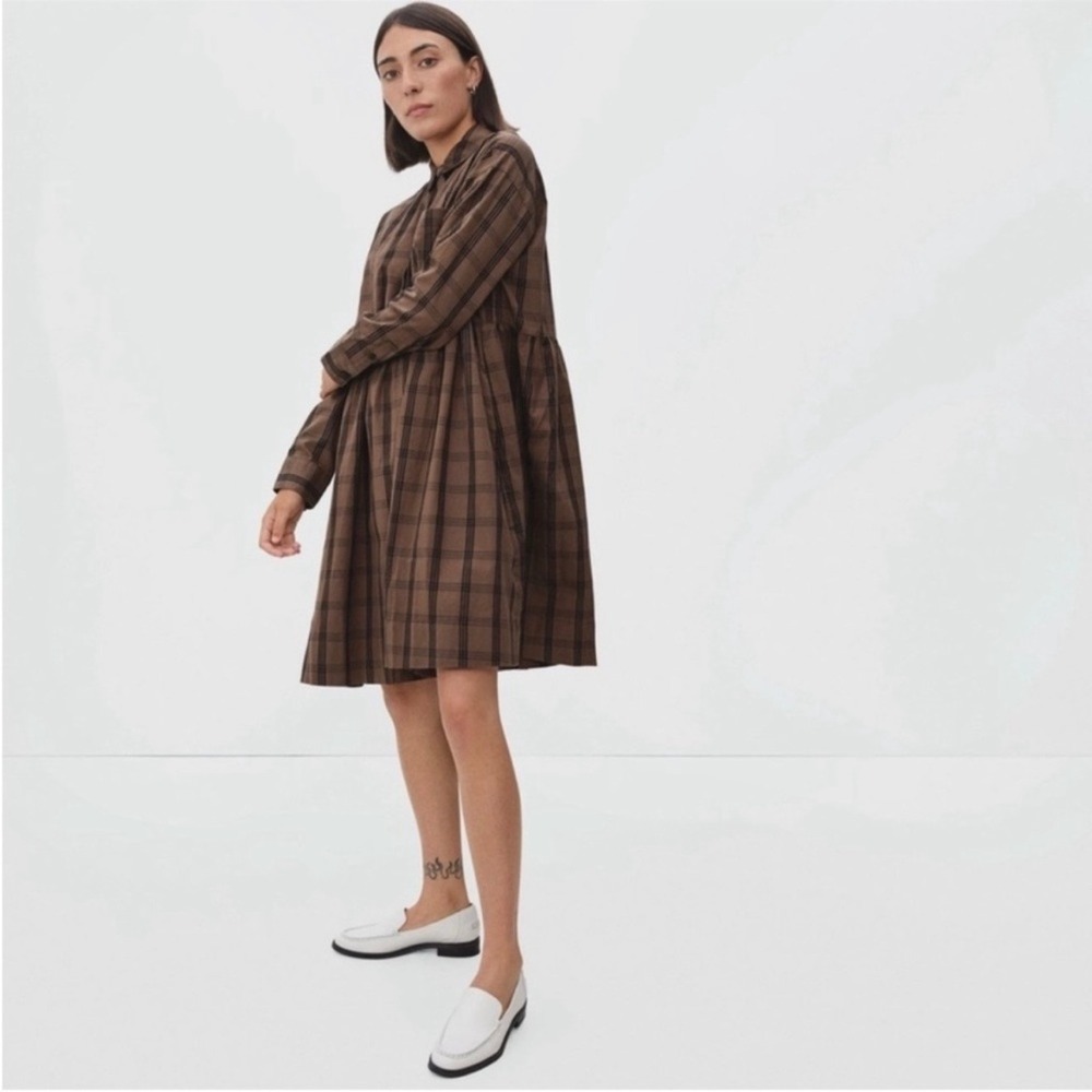 Everlane Shirt Dress Women Medium Brown Plaid Cotton Long Sleeve Babydoll Mini - Picture 2 of 16
